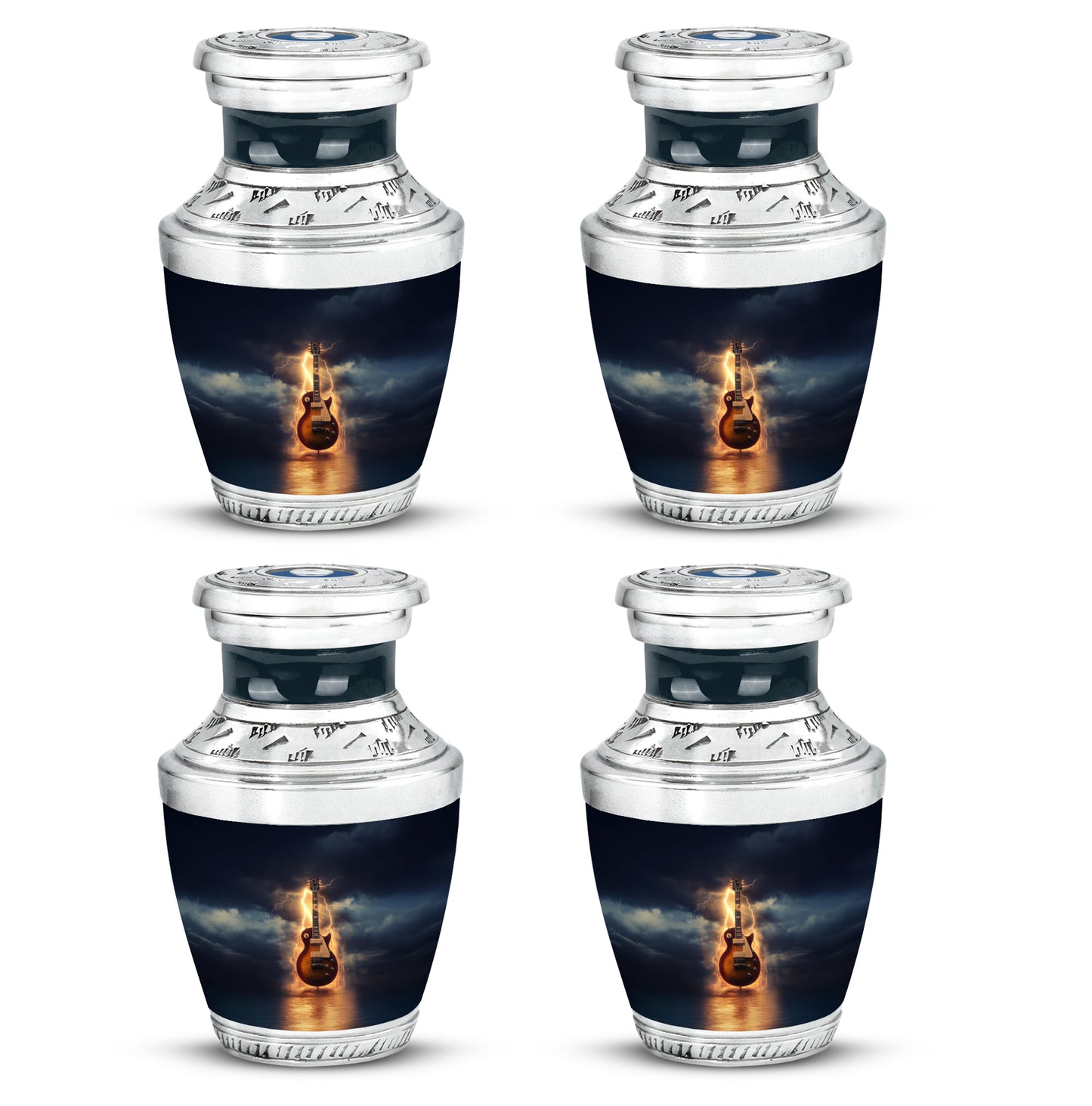 Serene Blue Guitar Cremation Urn back view with polished surface - artistic guitar interpretation with creative detail - 10 inch aluminum urn for cremated remains