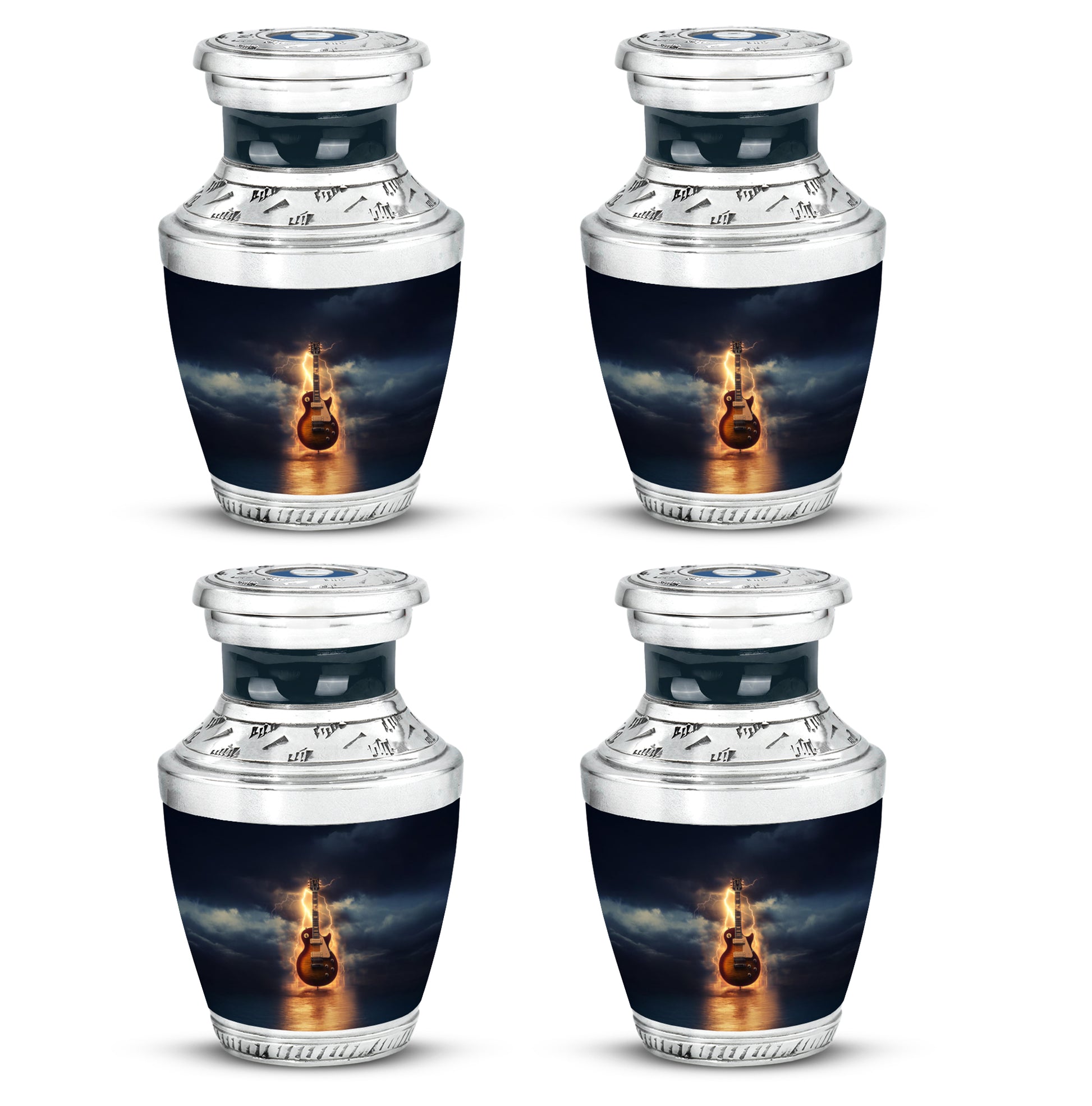 Serene Blue Guitar Cremation Urn back view with polished surface - artistic guitar interpretation with creative detail - 10 inch aluminum urn for cremated remains