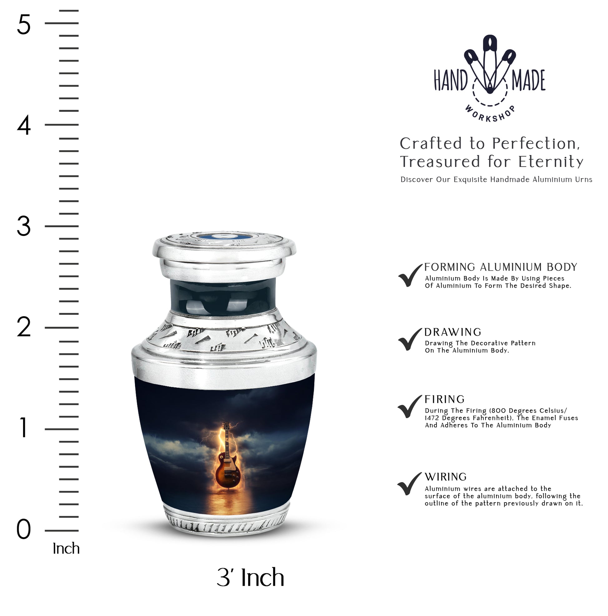 Navy Blue Guitar Cremation Urn top-down view of secure threaded lid - contemporary guitar design with modern artistic flair - mini keepsake memorial for portion of cremation ashes