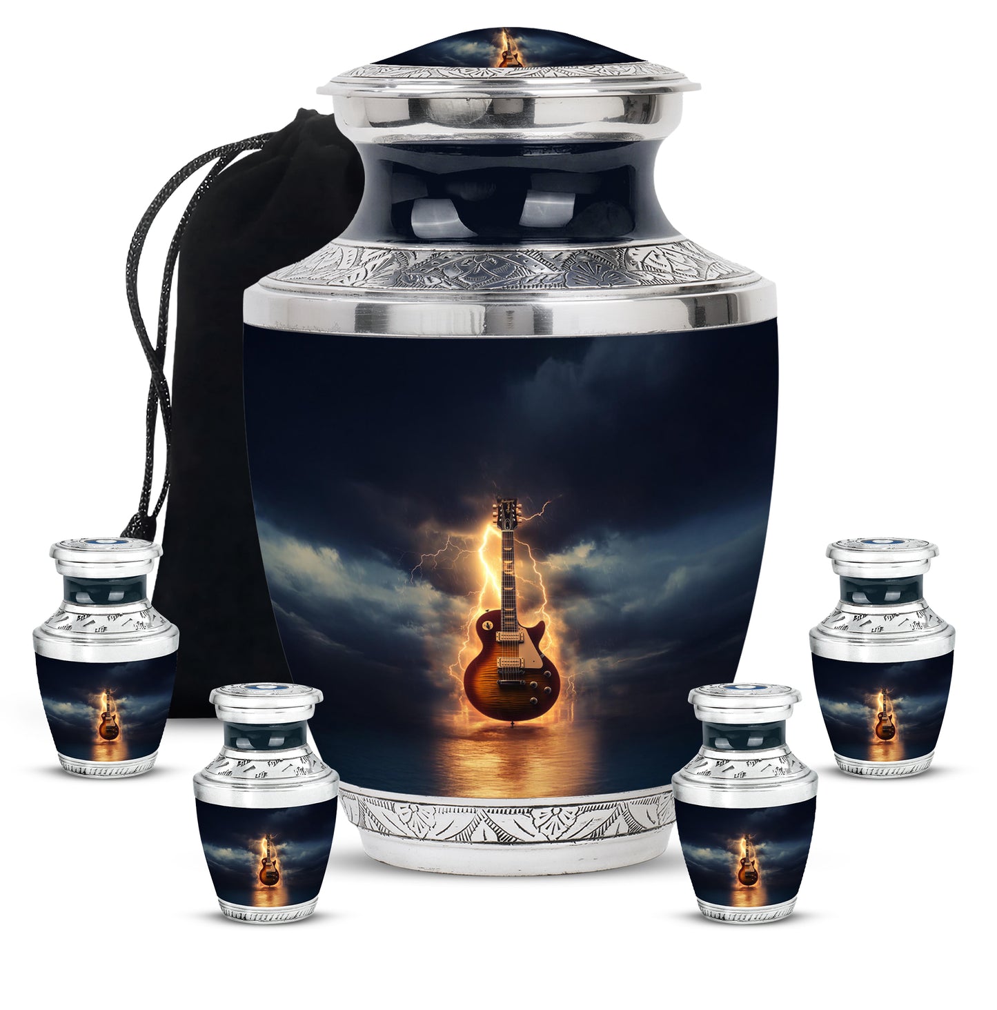 Serene Blue Guitar Cremation Urn lifestyle display on memorial shelf - stylized abstract guitar pattern with bold lines - memorial set with one large and four small urns