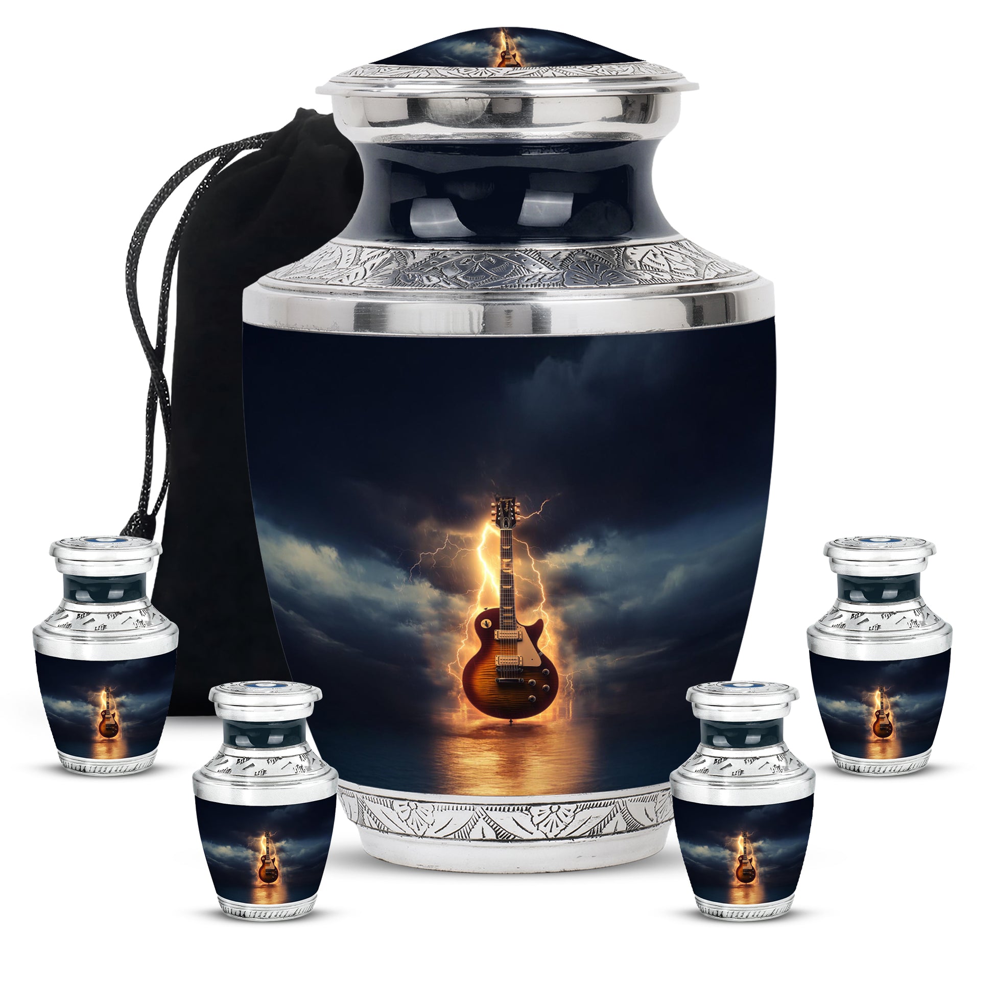 Serene Blue Guitar Cremation Urn lifestyle display on memorial shelf - stylized abstract guitar pattern with bold lines - memorial set with one large and four small urns