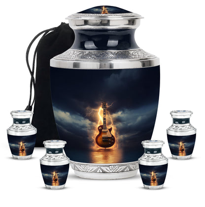Serene Blue Guitar Cremation Urn lifestyle display on memorial shelf - stylized abstract guitar pattern with bold lines - memorial set with one large and four small urns
