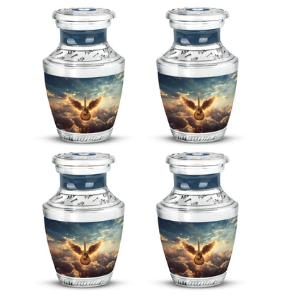 Soft Blue Guitar Cremation Urn back view with polished surface - stylized abstract guitar pattern with bold lines - 10 inch aluminum urn for cremated remains