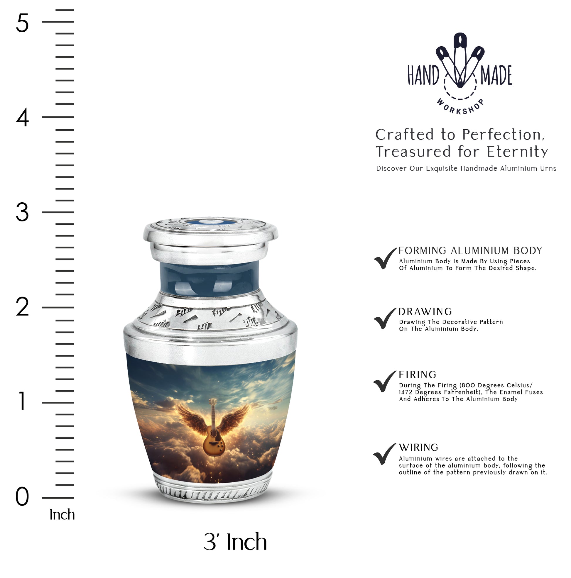 Royal Blue Guitar Cremation Urn top-down view of secure threaded lid - artistic guitar interpretation with creative detail - mini keepsake memorial for portion of cremation ashes
