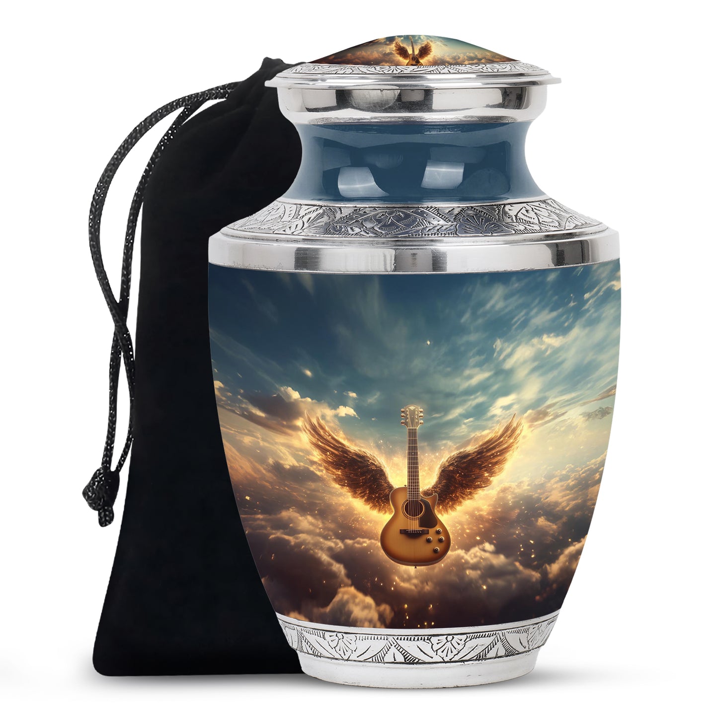 Navy Blue Guitar Cremation Urn side profile showing urn shape - modern art-inspired guitar motif on sleek aluminum - full-size 10 inch 200 cubic inch adult cremation urn
