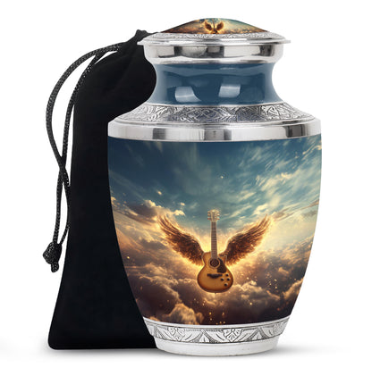 Navy Blue Guitar Cremation Urn side profile showing urn shape - modern art-inspired guitar motif on sleek aluminum - full-size 10 inch 200 cubic inch adult cremation urn