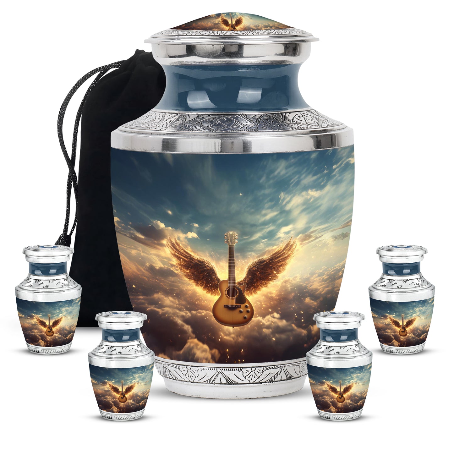 Powder Blue Guitar Cremation Urn lifestyle display on memorial shelf - modern art-inspired guitar motif on sleek aluminum - memorial set with one large and four small urns