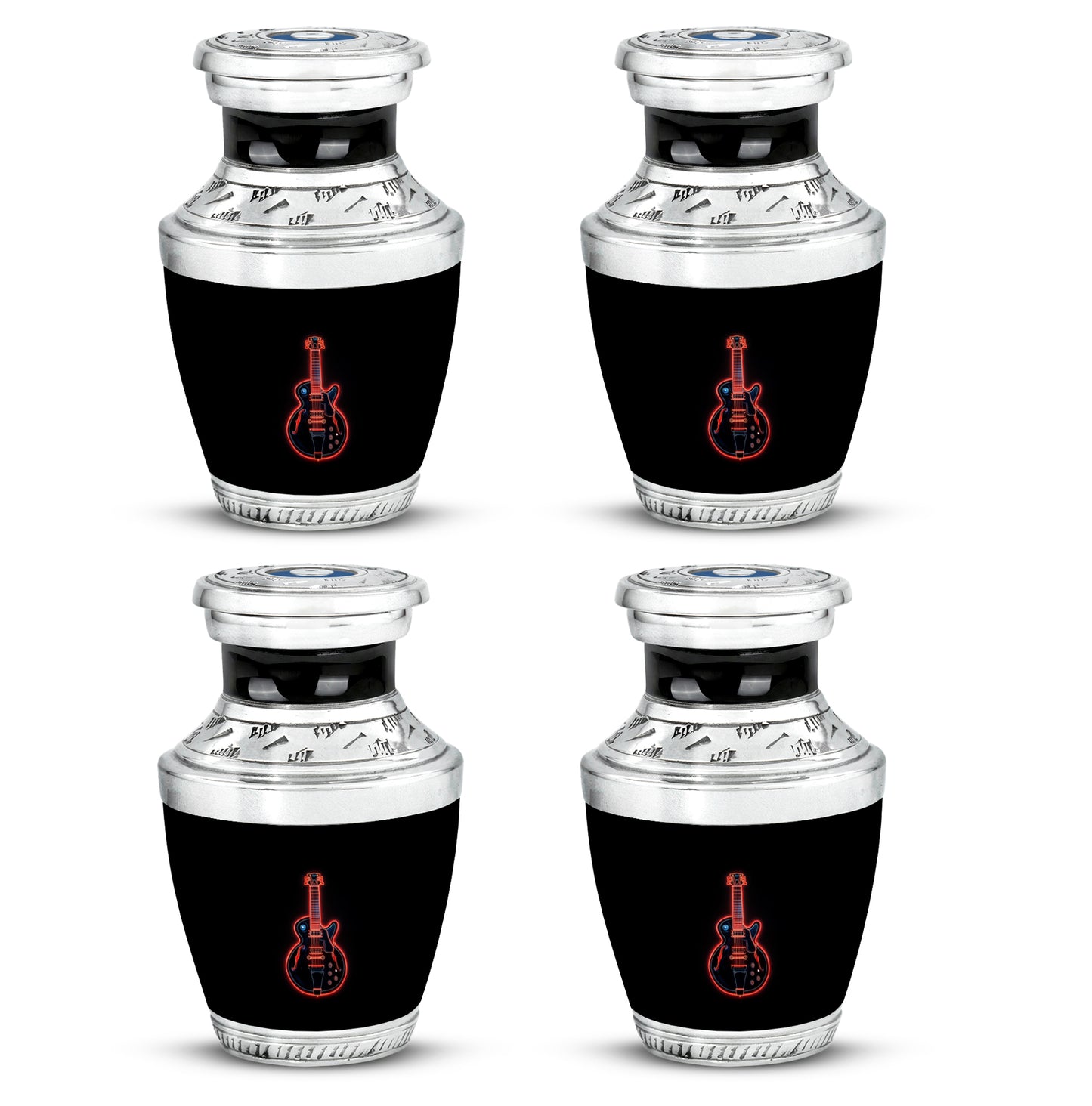 Ebony Guitar Cremation Urn back view with polished surface - contemporary guitar design with modern artistic flair - 10 inch aluminum urn for cremated remains