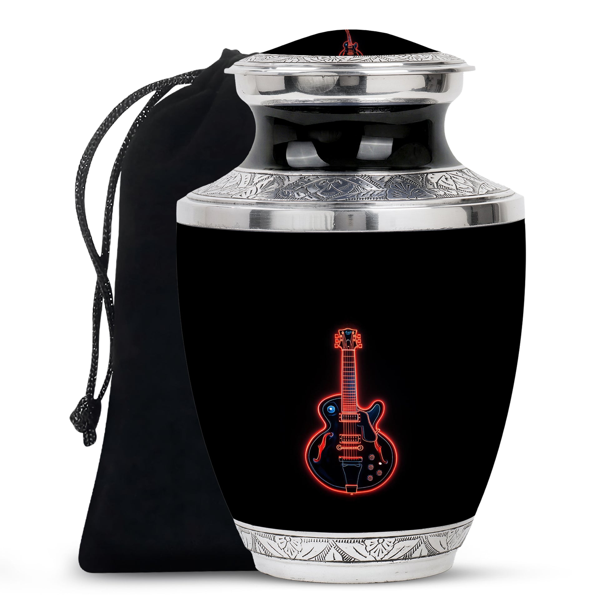 Midnight Black Guitar Cremation Urn side profile showing urn shape - artistic guitar interpretation with creative detail - full-size 10 inch 200 cubic inch adult cremation urn
