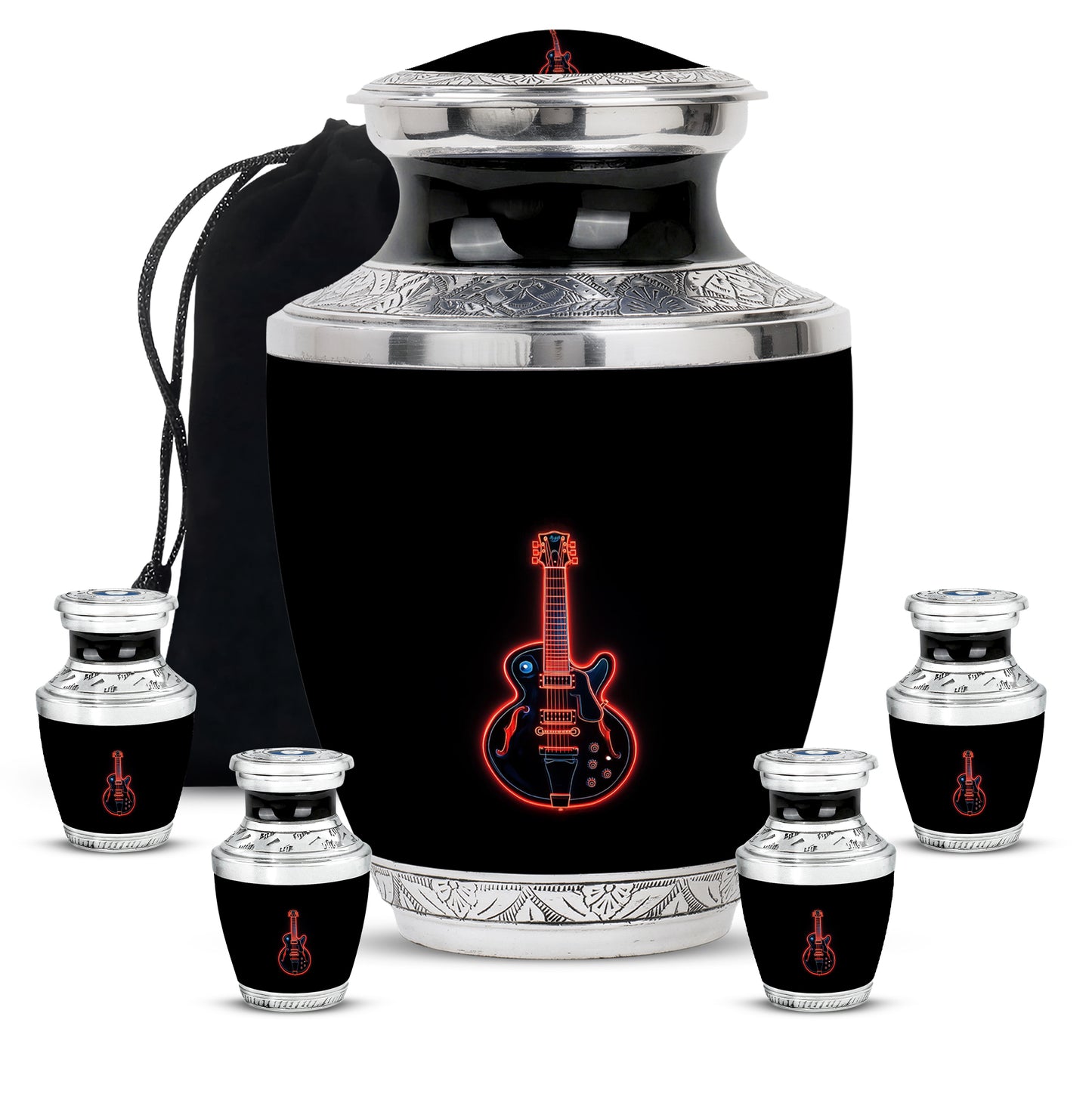 Obsidian Black Guitar Cremation Urn lifestyle display on memorial shelf - artistic guitar interpretation with creative detail - memorial set with one large and four small urns