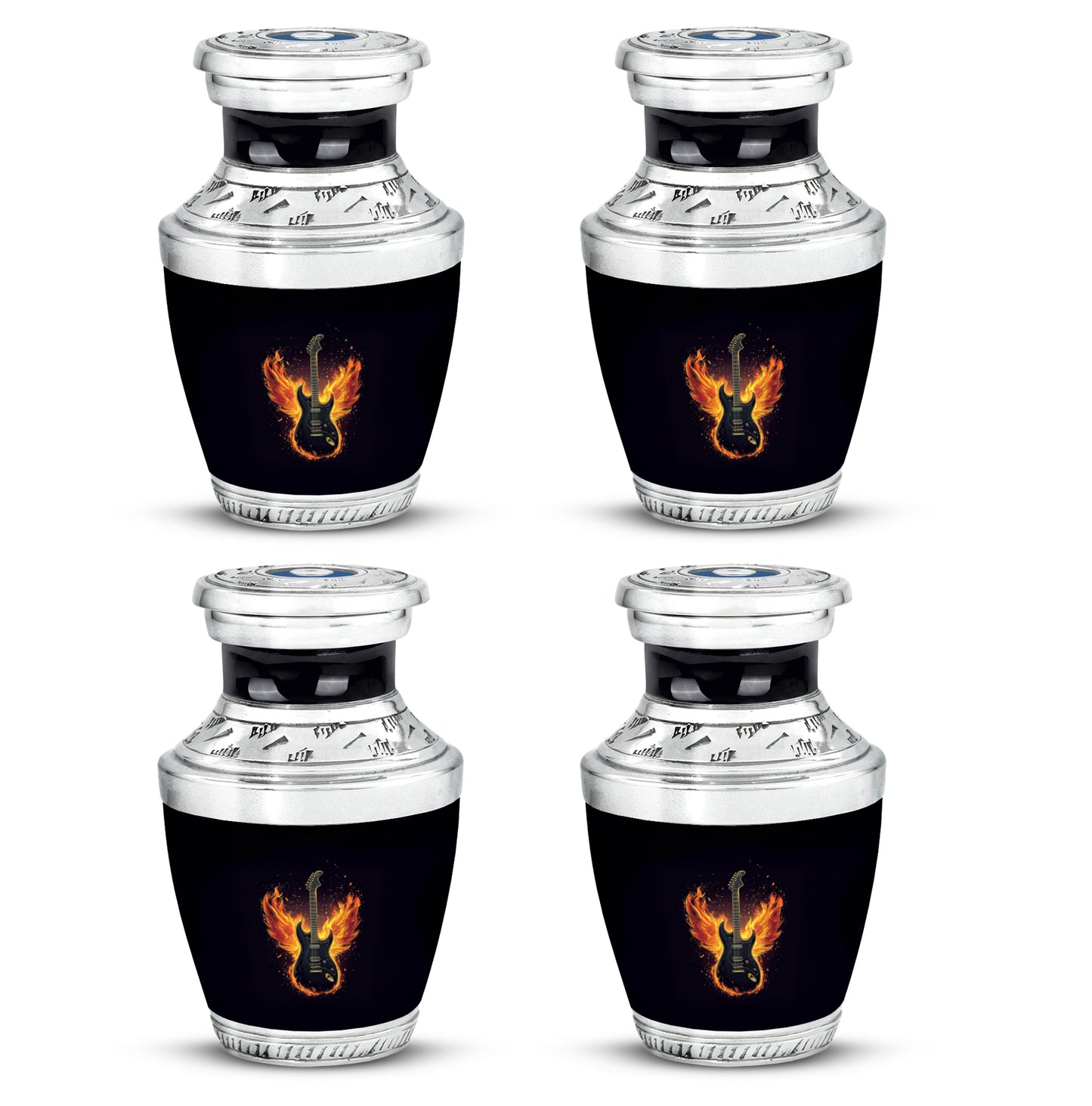 Rich Black Guitar Cremation Urn back view with polished surface - modern art-inspired guitar motif on sleek aluminum - 10 inch aluminum urn for cremated remains