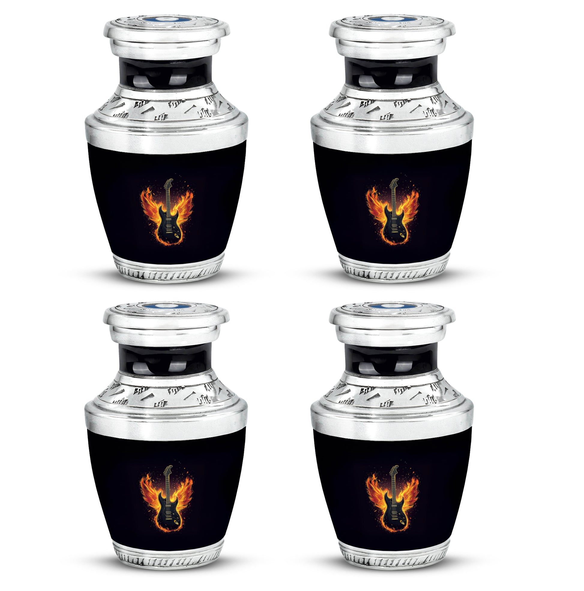 Rich Black Guitar Cremation Urn back view with polished surface - modern art-inspired guitar motif on sleek aluminum - 10 inch aluminum urn for cremated remains