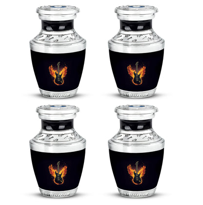 Rich Black Guitar Cremation Urn back view with polished surface - modern art-inspired guitar motif on sleek aluminum - 10 inch aluminum urn for cremated remains