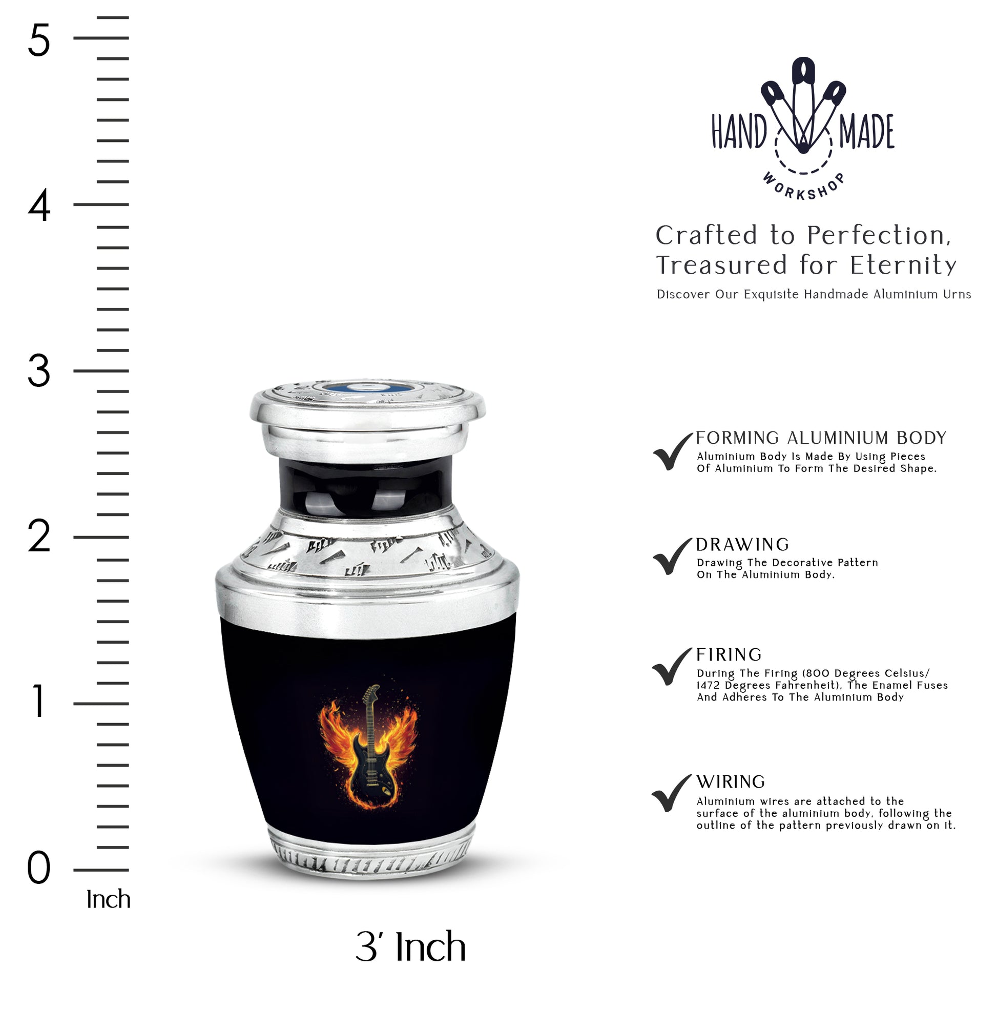 Midnight Black Guitar Cremation Urn top-down view of secure threaded lid - artistic guitar interpretation with creative detail - mini keepsake memorial for portion of cremation ashes