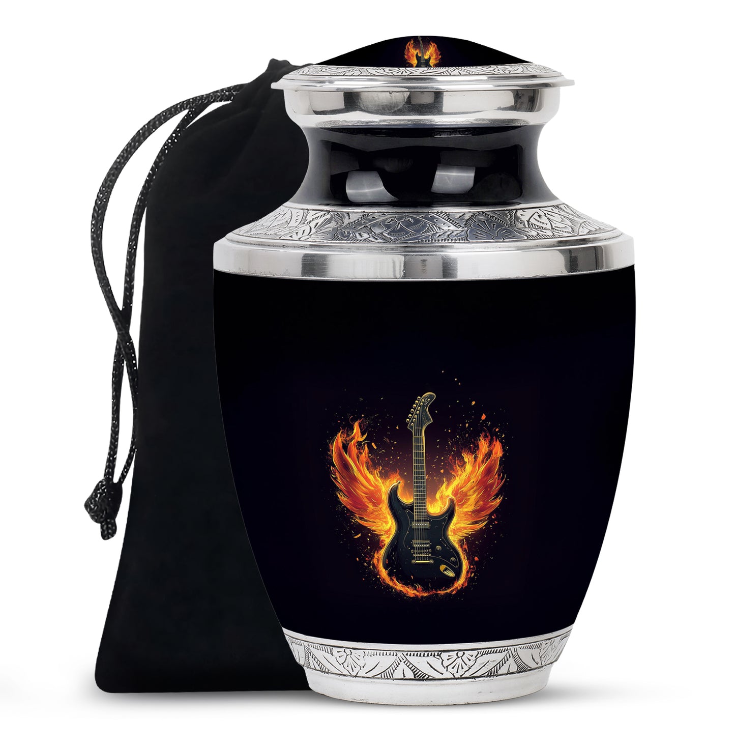Jet Black Guitar Cremation Urn side profile showing urn shape - contemporary guitar design with modern artistic flair - full-size 10 inch 200 cubic inch adult cremation urn
