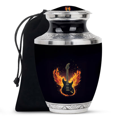 Jet Black Guitar Cremation Urn side profile showing urn shape - contemporary guitar design with modern artistic flair - full-size 10 inch 200 cubic inch adult cremation urn