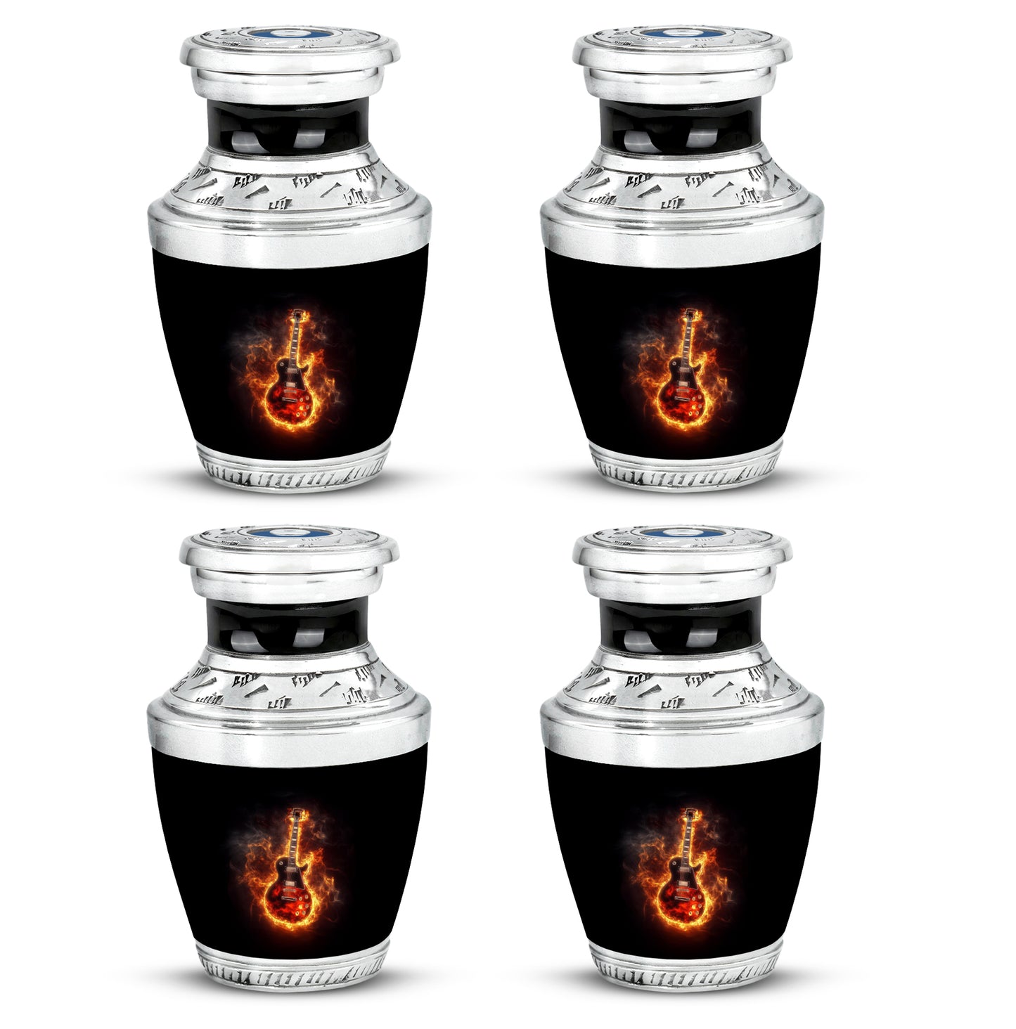 Charcoal Black Guitar Cremation Urn back view with polished surface - artistic guitar interpretation with creative detail - 10 inch aluminum urn for cremated remains