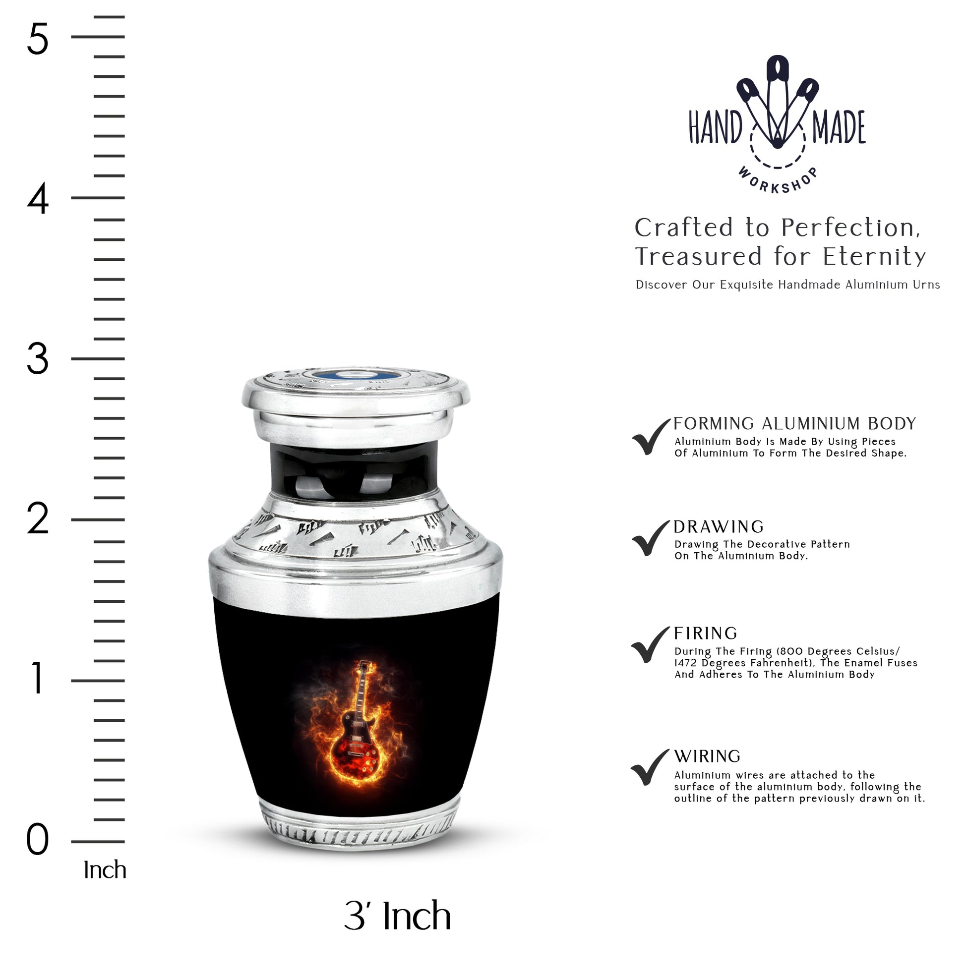 Rich Black Guitar Cremation Urn top-down view of secure threaded lid - modern art-inspired guitar motif on sleek aluminum - mini keepsake memorial for portion of cremation ashes