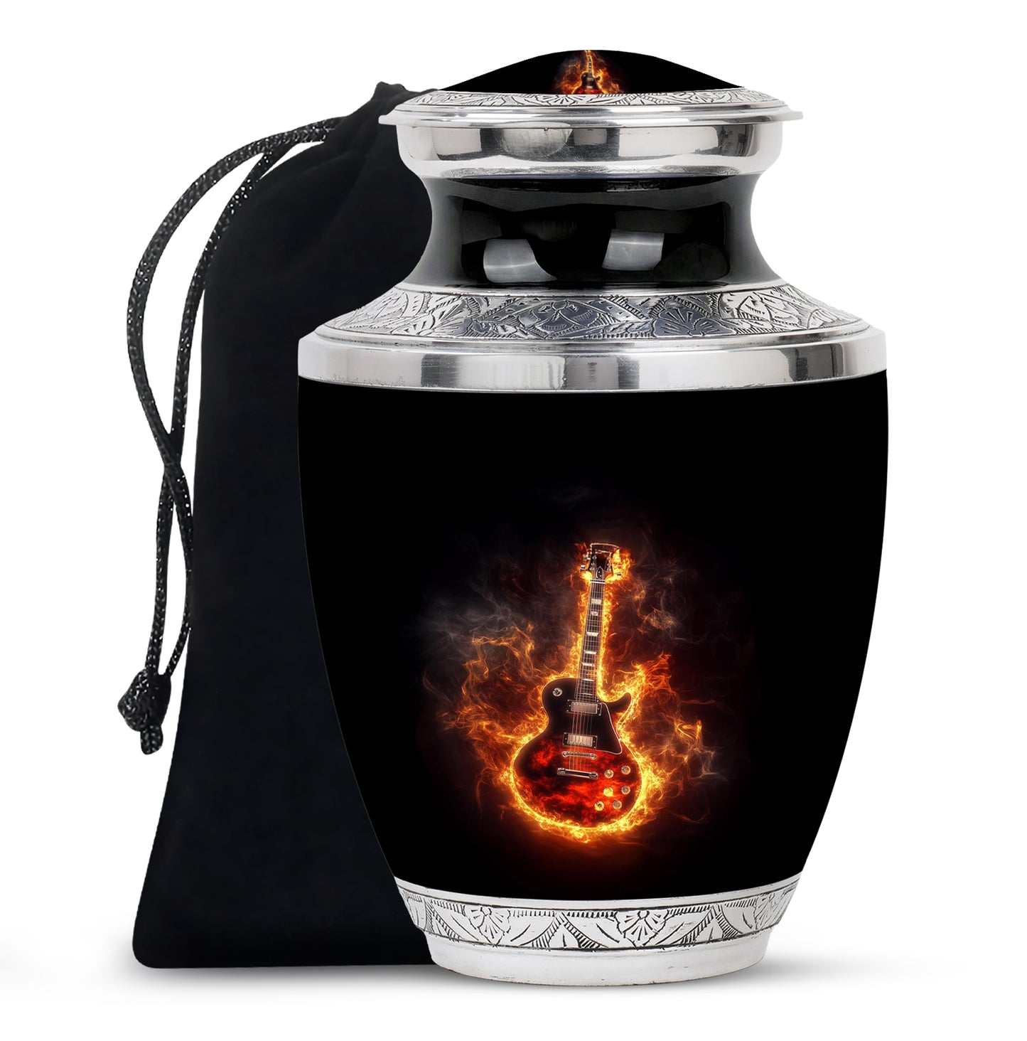 Onyx Black Guitar Cremation Urn side profile showing urn shape - artistic guitar interpretation with creative detail - full-size 10 inch 200 cubic inch adult cremation urn