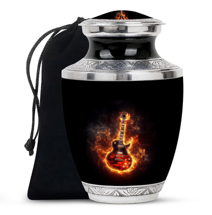 Onyx Black Guitar Cremation Urn side profile showing urn shape - artistic guitar interpretation with creative detail - full-size 10 inch 200 cubic inch adult cremation urn