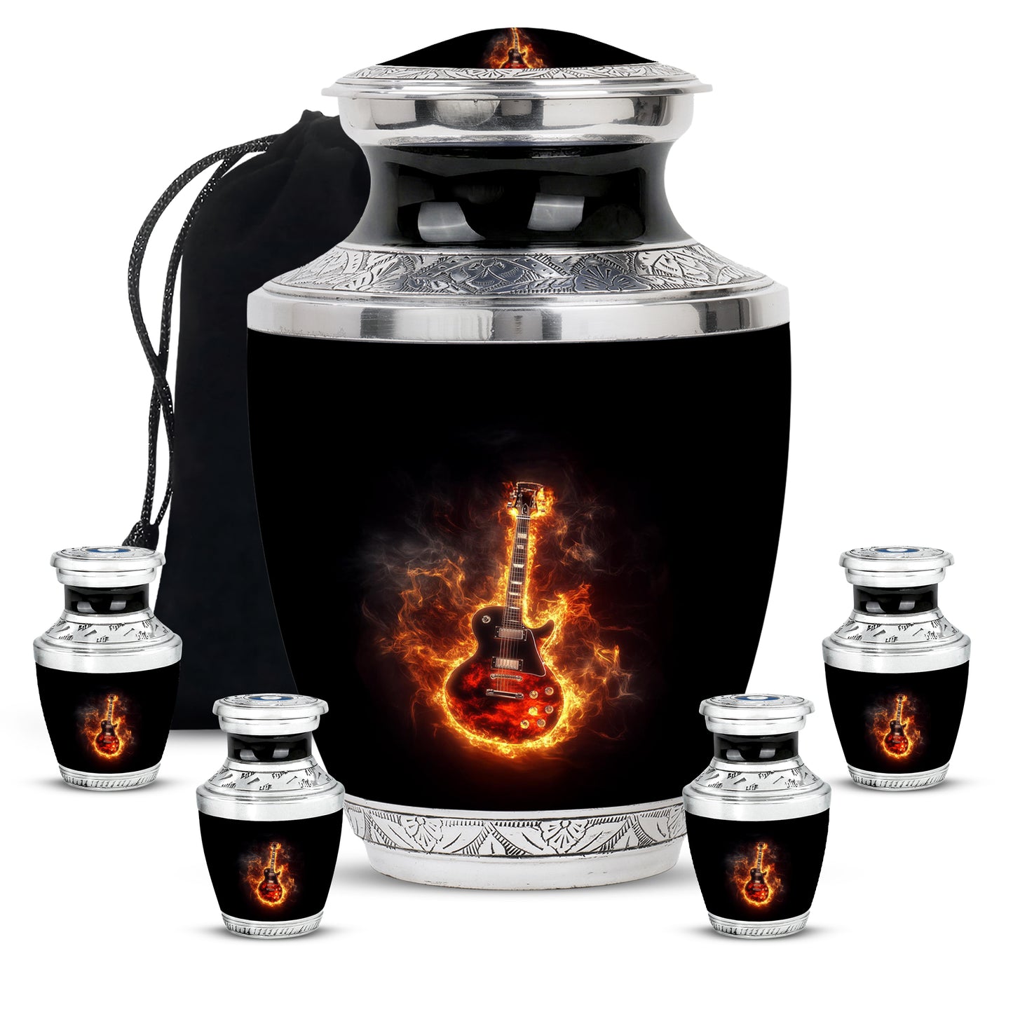 Charcoal Black Guitar Cremation Urn lifestyle display on memorial shelf - artistic guitar interpretation with creative detail - memorial set with one large and four small urns