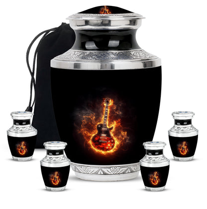 Charcoal Black Guitar Cremation Urn lifestyle display on memorial shelf - artistic guitar interpretation with creative detail - memorial set with one large and four small urns