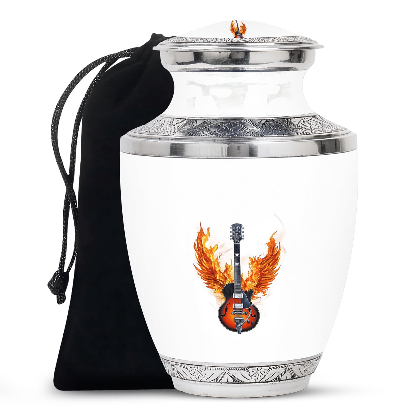 Satin Silver Guitar Cremation Urn side profile showing urn shape - contemporary guitar design with modern artistic flair - full-size 10 inch 200 cubic inch adult cremation urn