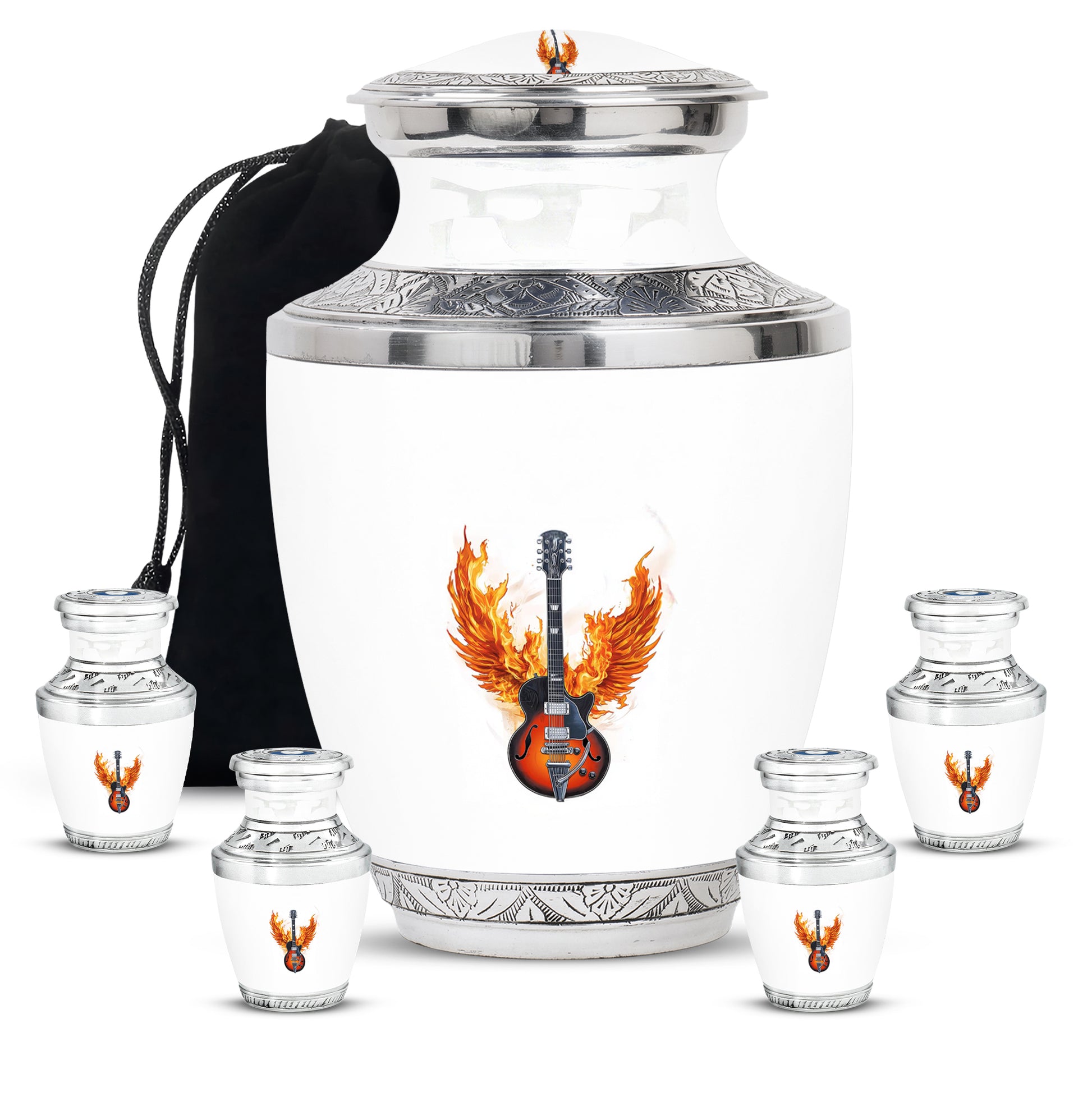 Brushed Silver Guitar Cremation Urn lifestyle display on memorial shelf - contemporary guitar design with modern artistic flair - memorial set with one large and four small urns