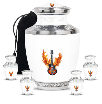 Brushed Silver Guitar Cremation Urn lifestyle display on memorial shelf - contemporary guitar design with modern artistic flair - memorial set with one large and four small urns