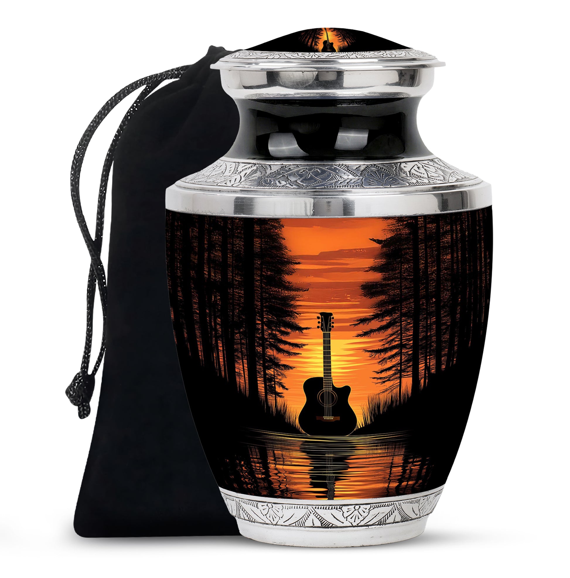 Obsidian Black Guitar Cremation Urn side profile showing urn shape - artistic guitar interpretation with creative detail - full-size 10 inch 200 cubic inch adult cremation urn