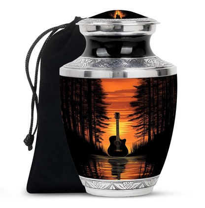 Obsidian Black Guitar Cremation Urn side profile showing urn shape - artistic guitar interpretation with creative detail - full-size 10 inch 200 cubic inch adult cremation urn
