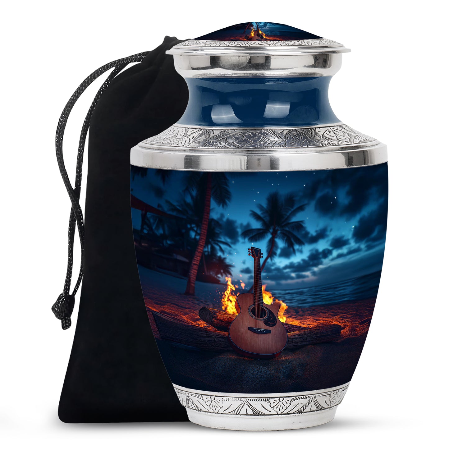 Sapphire Blue Guitar Cremation Urn side profile showing urn shape - artistic guitar interpretation with creative detail - full-size 10 inch 200 cubic inch adult cremation urn