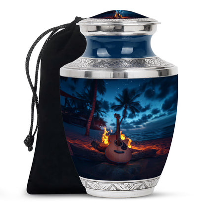 Sapphire Blue Guitar Cremation Urn side profile showing urn shape - artistic guitar interpretation with creative detail - full-size 10 inch 200 cubic inch adult cremation urn