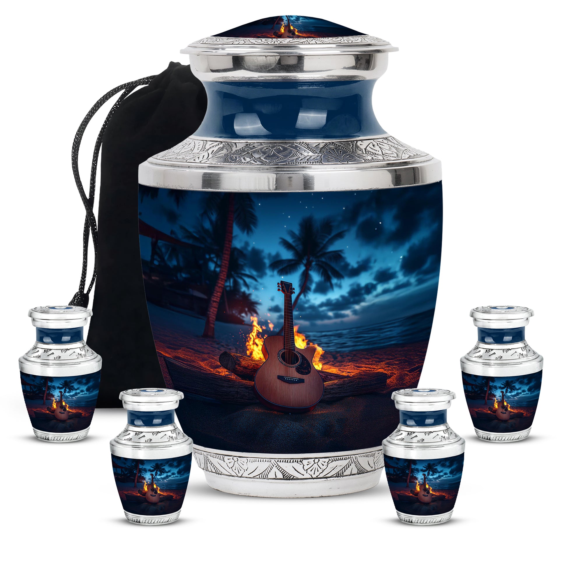 Serene Blue Guitar Cremation Urn lifestyle display on memorial shelf - artistic guitar interpretation with creative detail - memorial set with one large and four small urns