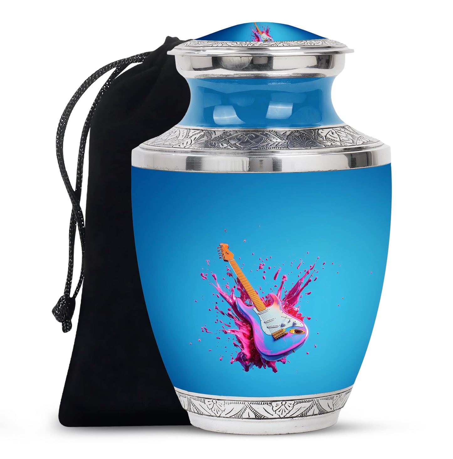 Azure Guitar Cremation Urn side profile showing urn shape - contemporary guitar design with modern artistic flair - full-size 10 inch 200 cubic inch adult cremation urn