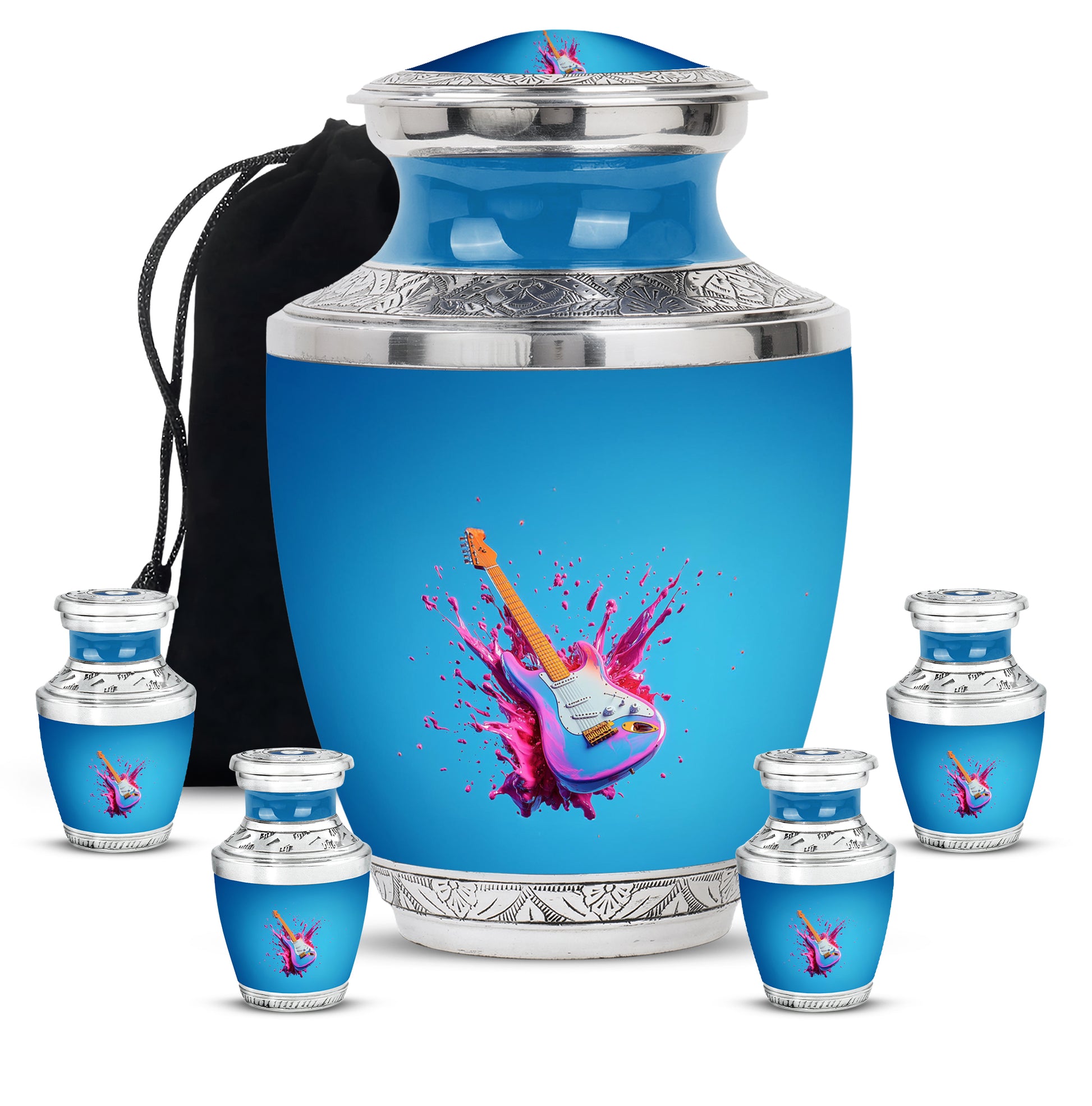Serene Blue Guitar Cremation Urn lifestyle display on memorial shelf - artistic guitar interpretation with creative detail - memorial set with one large and four small urns