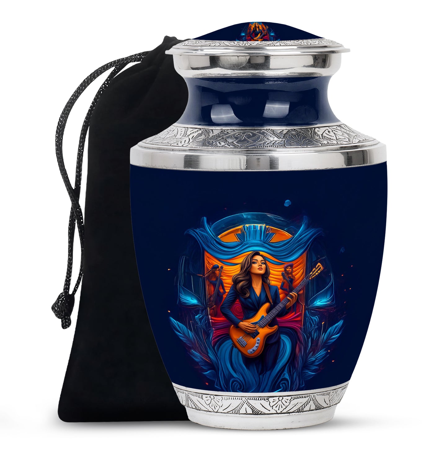 Cornflower Blue Guitar Cremation Urn side profile showing urn shape - artistic guitar interpretation with creative detail - full-size 10 inch 200 cubic inch adult cremation urn
