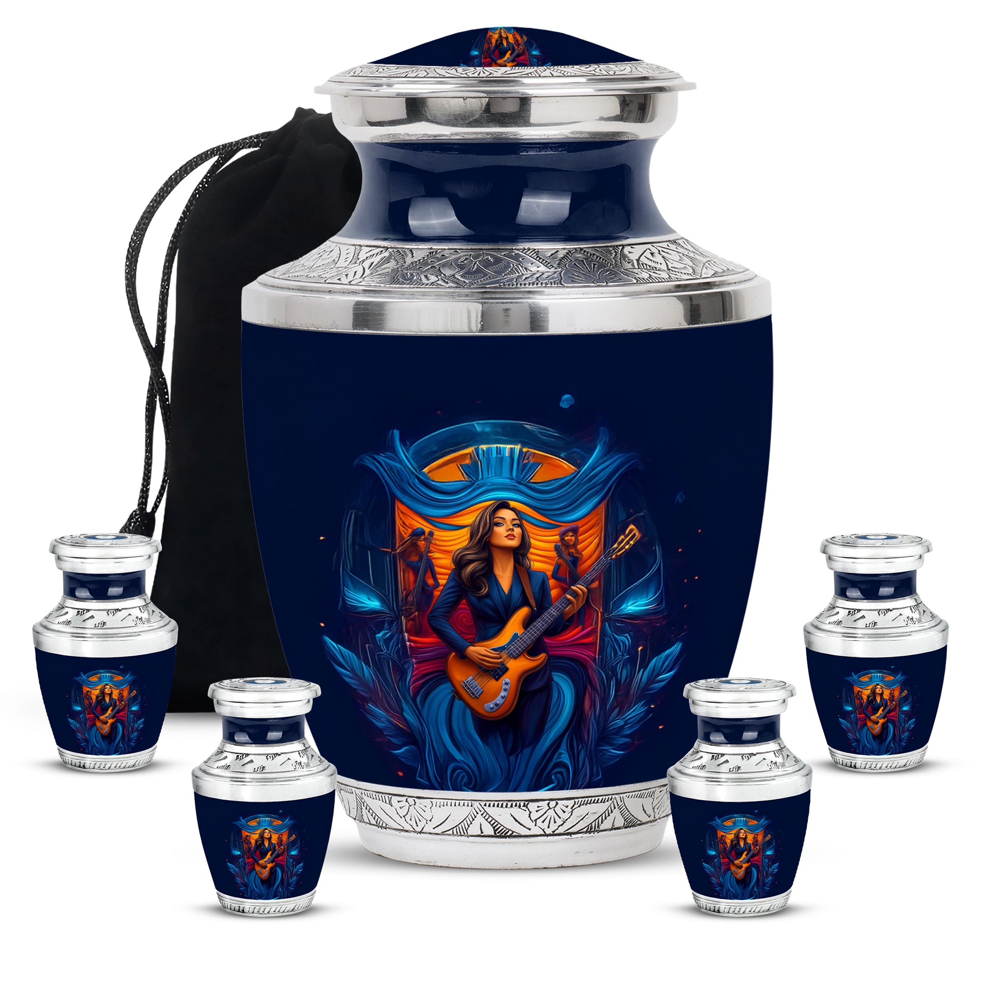 Cobalt Blue Guitar Cremation Urn lifestyle display on memorial shelf - artistic guitar interpretation with creative detail - memorial set with one large and four small urns