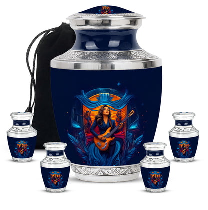 Cobalt Blue Guitar Cremation Urn lifestyle display on memorial shelf - artistic guitar interpretation with creative detail - memorial set with one large and four small urns