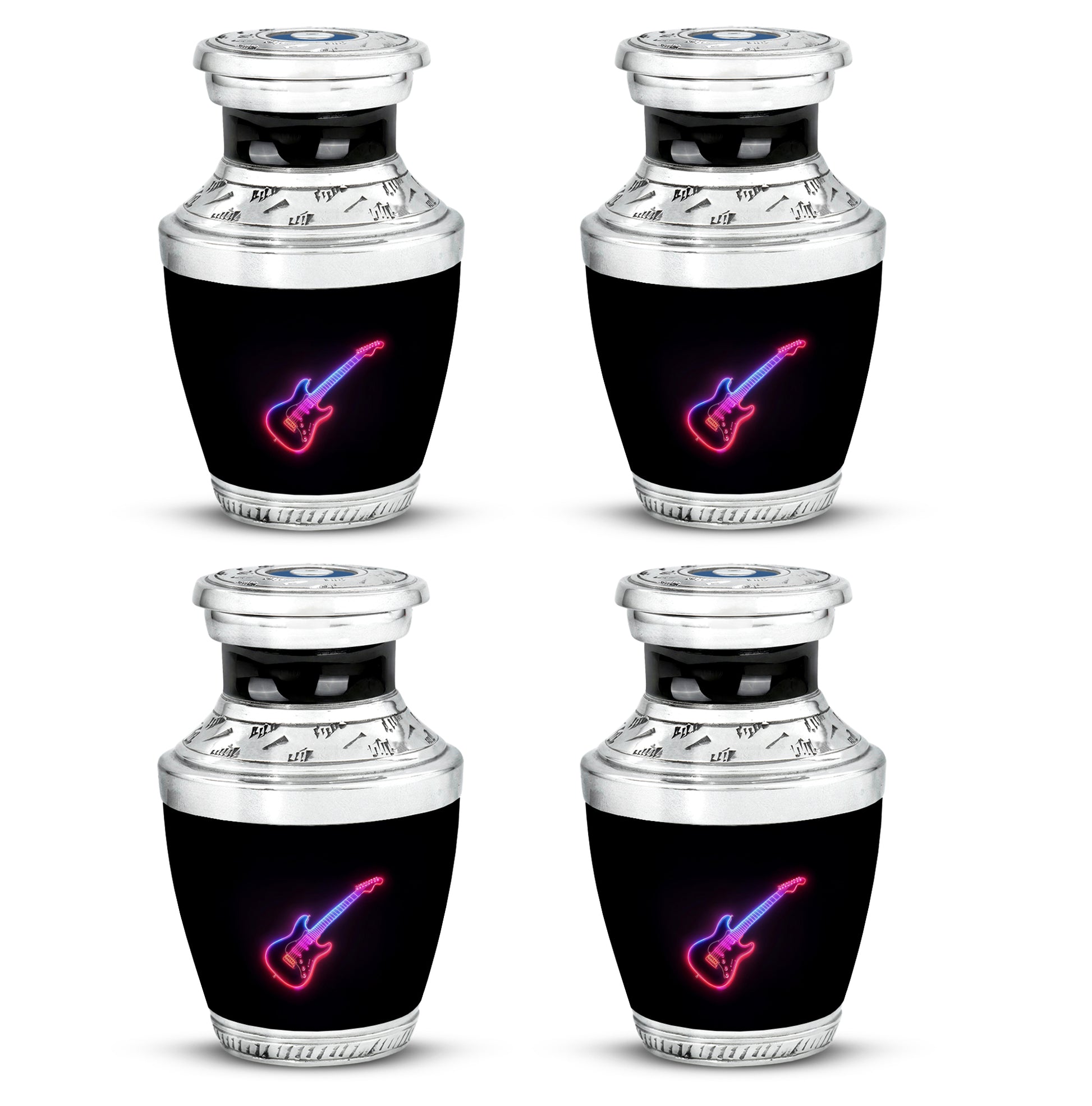 Midnight Black Guitar Cremation Urn back view with polished surface - stylized abstract guitar pattern with bold lines - 10 inch aluminum urn for cremated remains