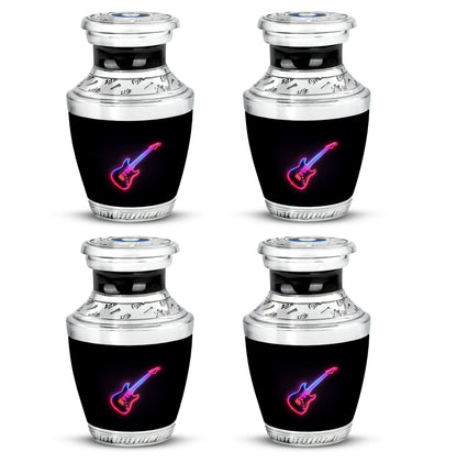 Midnight Black Guitar Cremation Urn back view with polished surface - stylized abstract guitar pattern with bold lines - 10 inch aluminum urn for cremated remains