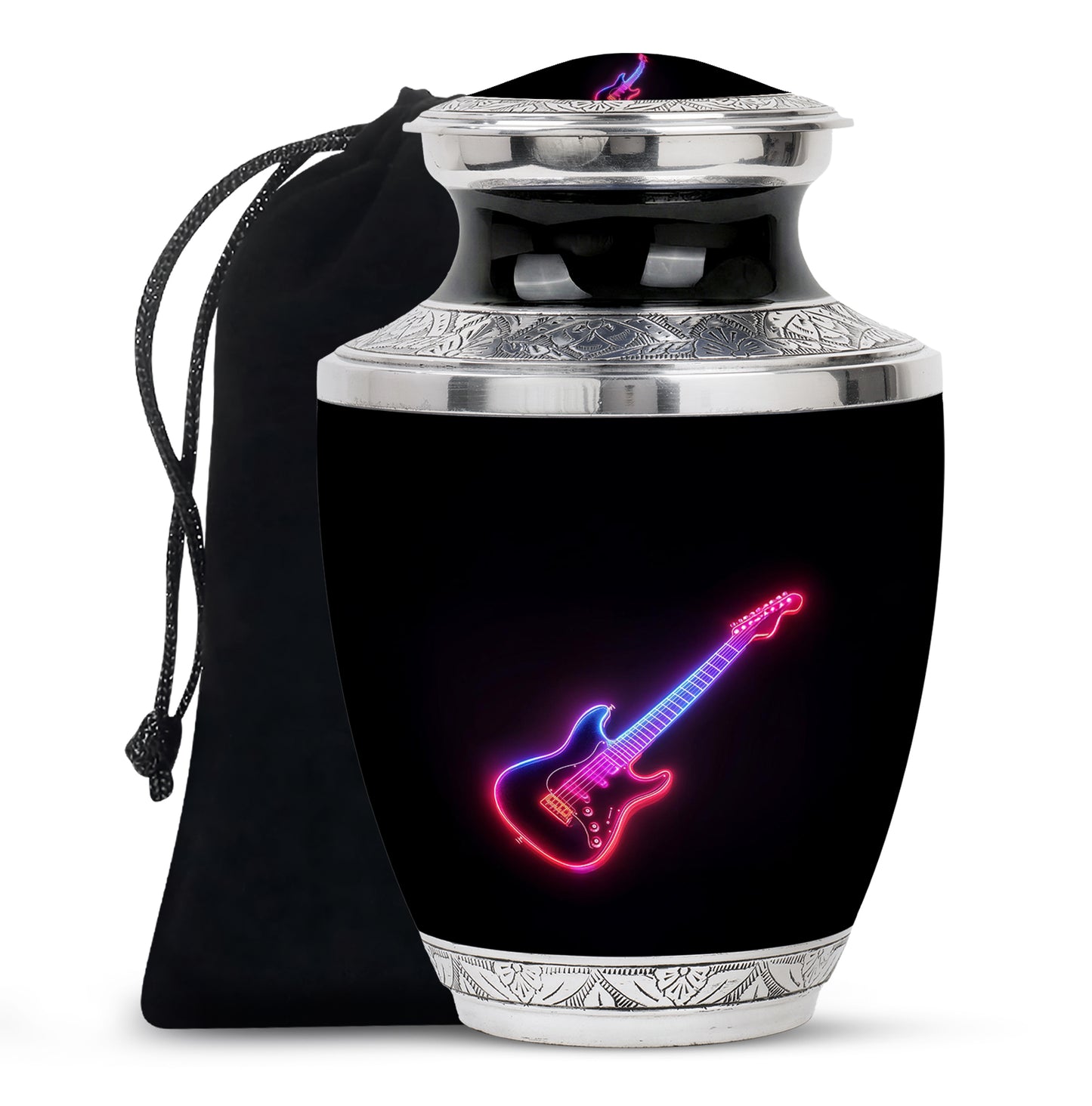 Midnight Black Guitar Cremation Urn side profile showing urn shape - artistic guitar interpretation with creative detail - full-size 10 inch 200 cubic inch adult cremation urn
