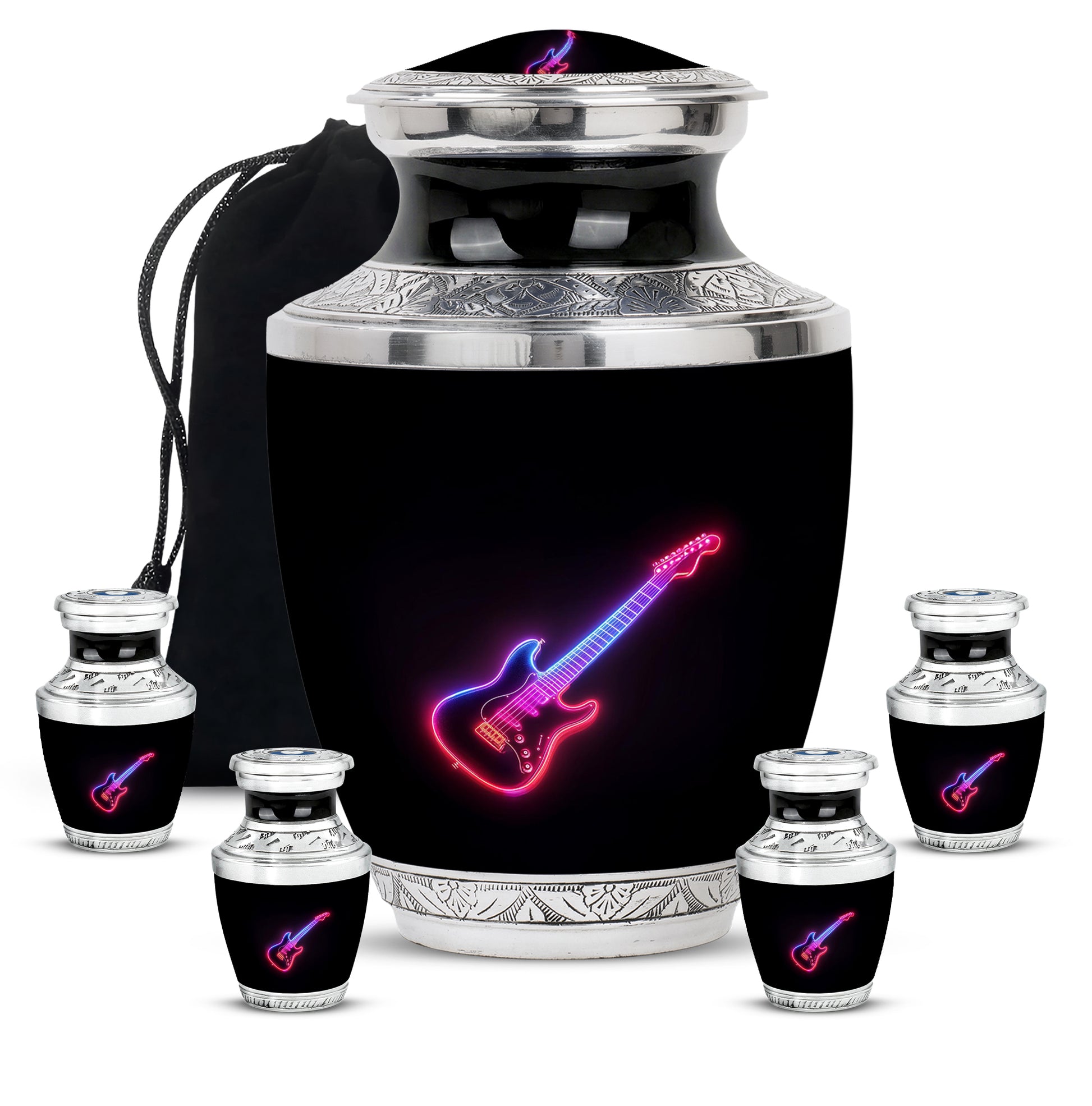Jet Black Guitar Cremation Urn lifestyle display on memorial shelf - contemporary guitar design with modern artistic flair - memorial set with one large and four small urns