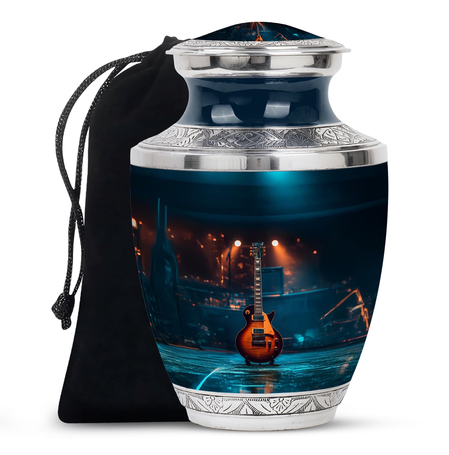 Dark Black Guitar Cremation Urn side profile showing urn shape - stylized abstract guitar pattern with bold lines - full-size 10 inch 200 cubic inch adult cremation urn