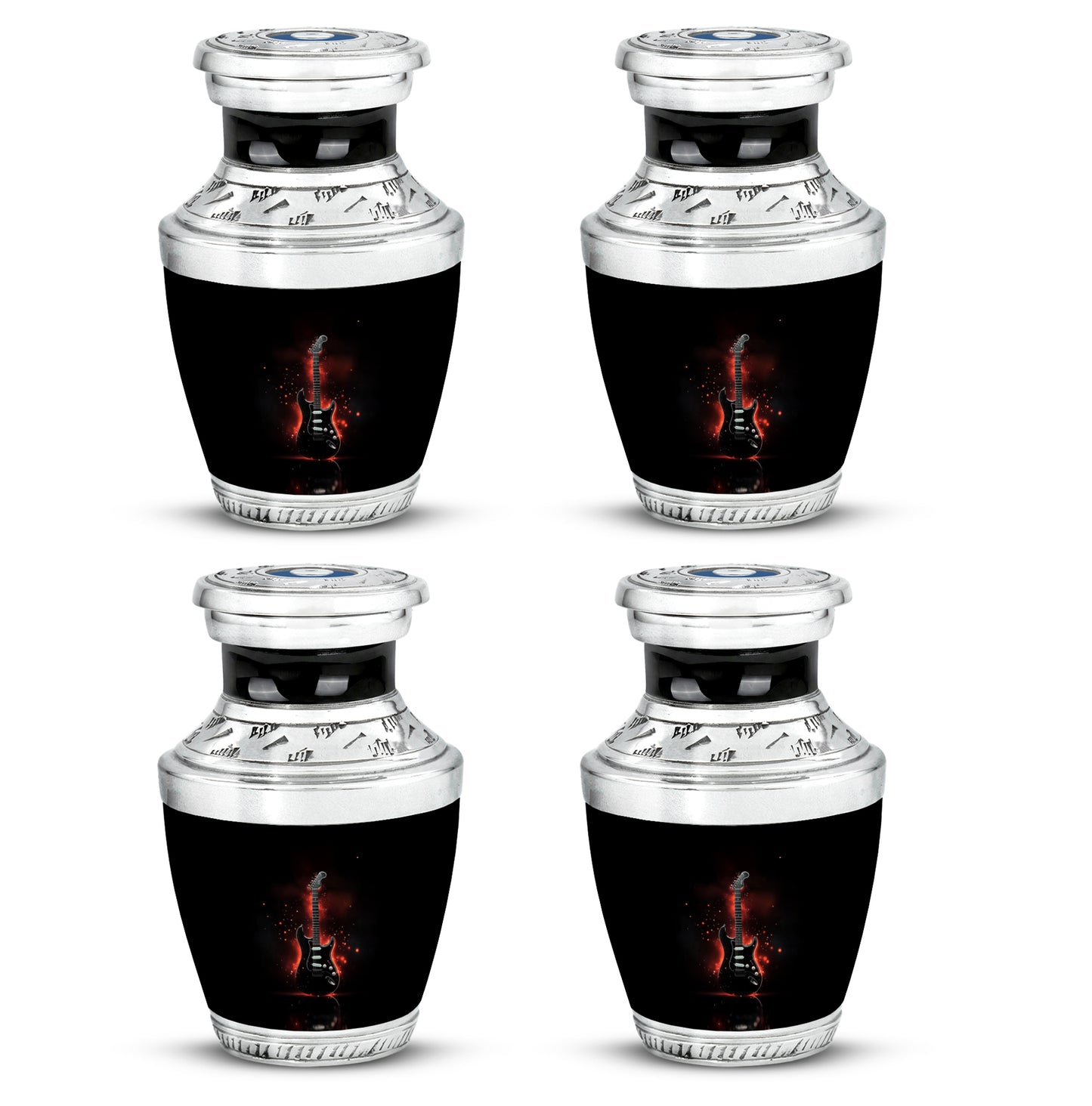 Onyx Black Guitar Cremation Urn back view with polished surface - artistic guitar interpretation with creative detail - 10 inch aluminum urn for cremated remains