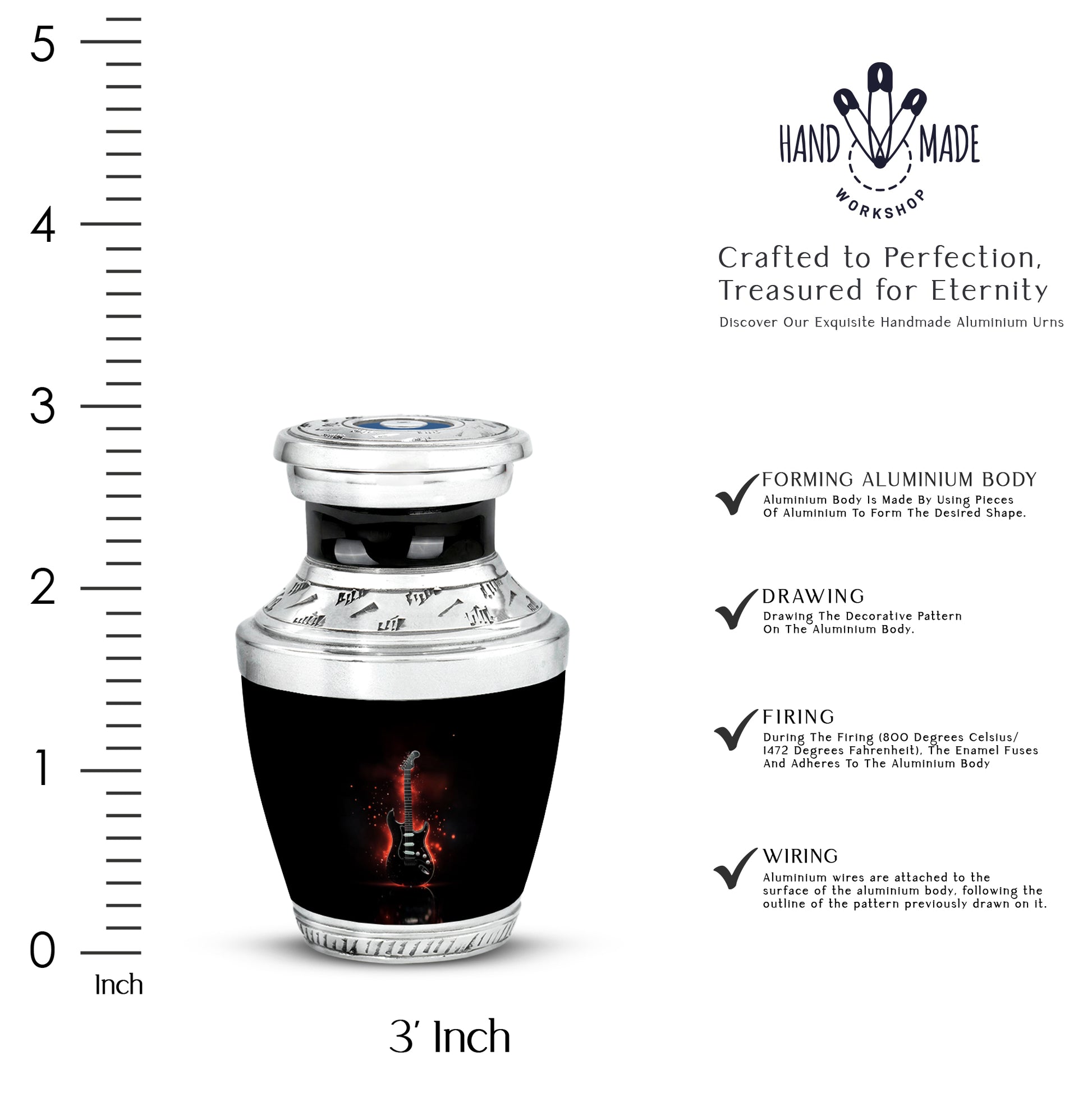Jet Black Guitar Cremation Urn top-down view of secure threaded lid - modern art-inspired guitar motif on sleek aluminum - mini keepsake memorial for portion of cremation ashes
