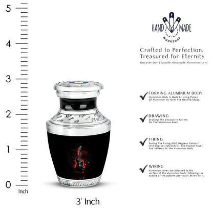 Jet Black Guitar Cremation Urn top-down view of secure threaded lid - modern art-inspired guitar motif on sleek aluminum - mini keepsake memorial for portion of cremation ashes