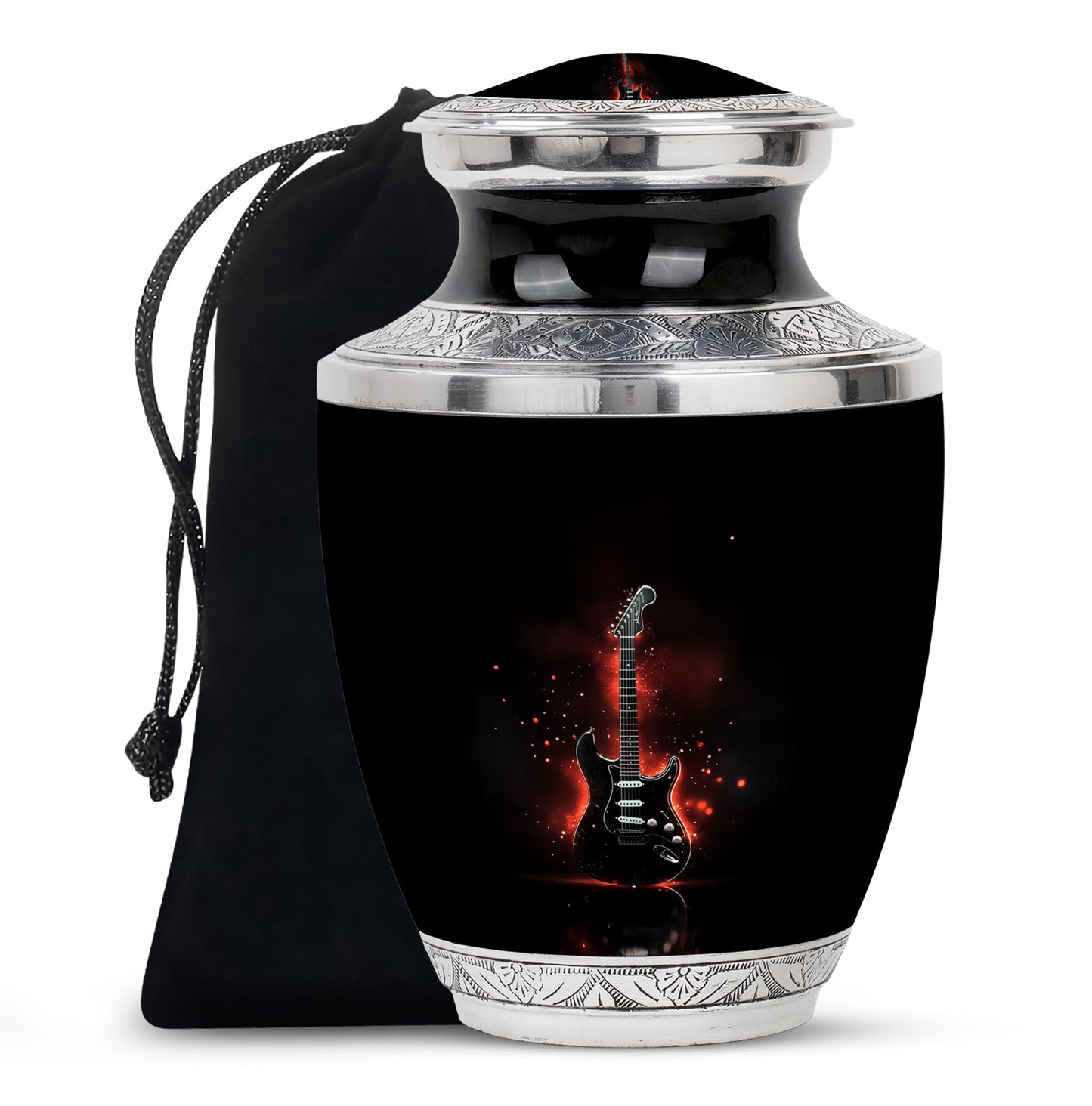 Rich Black Guitar Cremation Urn side profile showing urn shape - contemporary guitar design with modern artistic flair - full-size 10 inch 200 cubic inch adult cremation urn