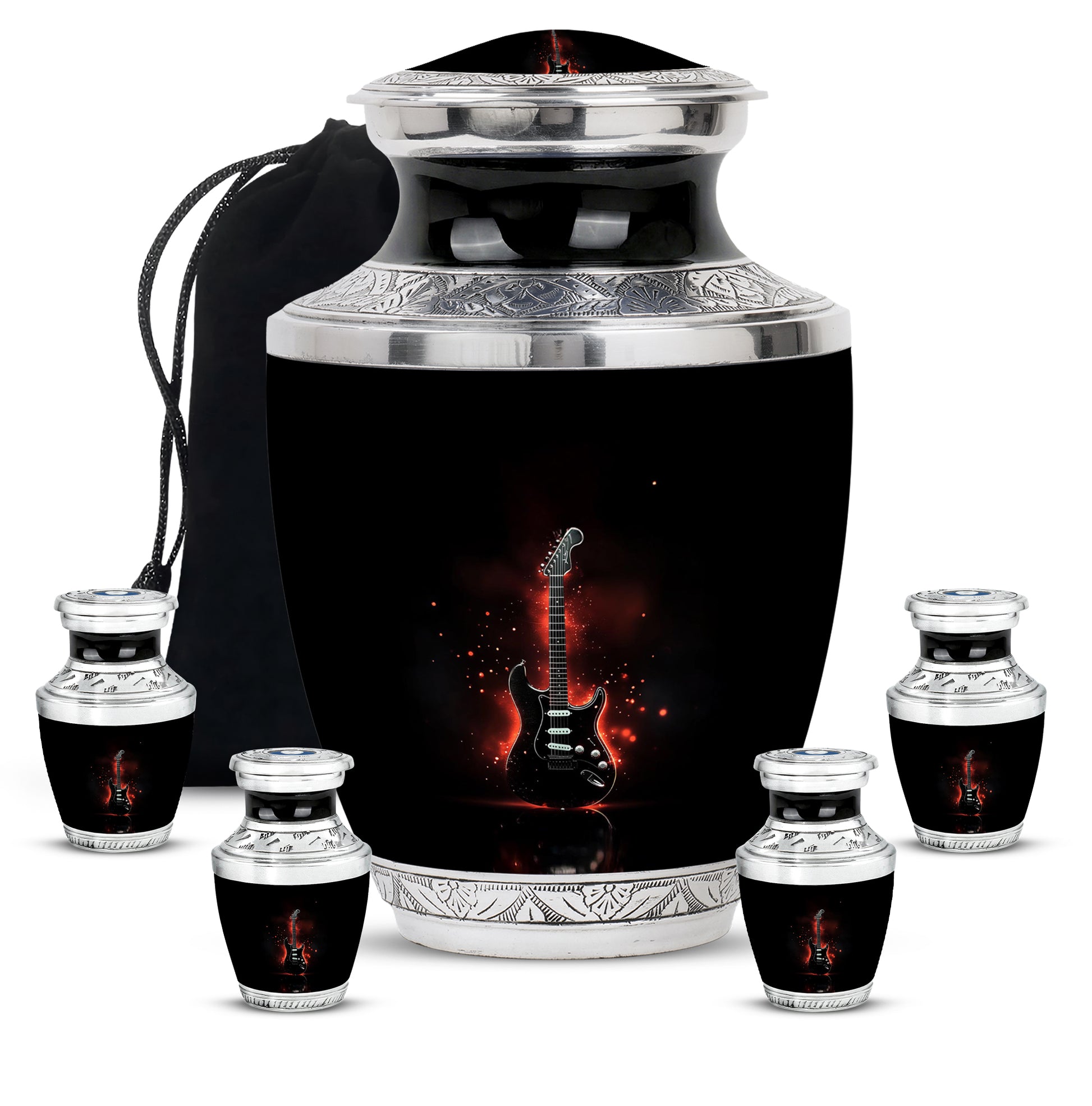 Glossy Black Guitar Cremation Urn lifestyle display on memorial shelf - contemporary guitar design with modern artistic flair - memorial set with one large and four small urns