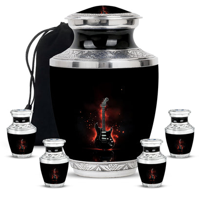 Glossy Black Guitar Cremation Urn lifestyle display on memorial shelf - contemporary guitar design with modern artistic flair - memorial set with one large and four small urns